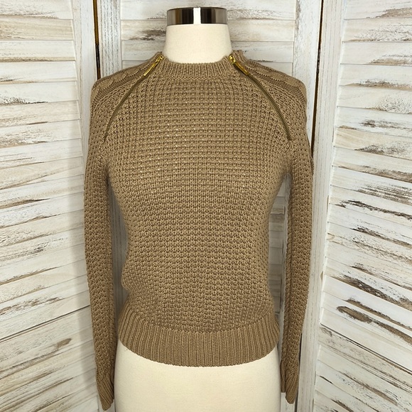 #22 MICHEAL l Micheal Kors Tan Gold Zipper Detail Crew Neck Sweater XS - Picture 1 of 7